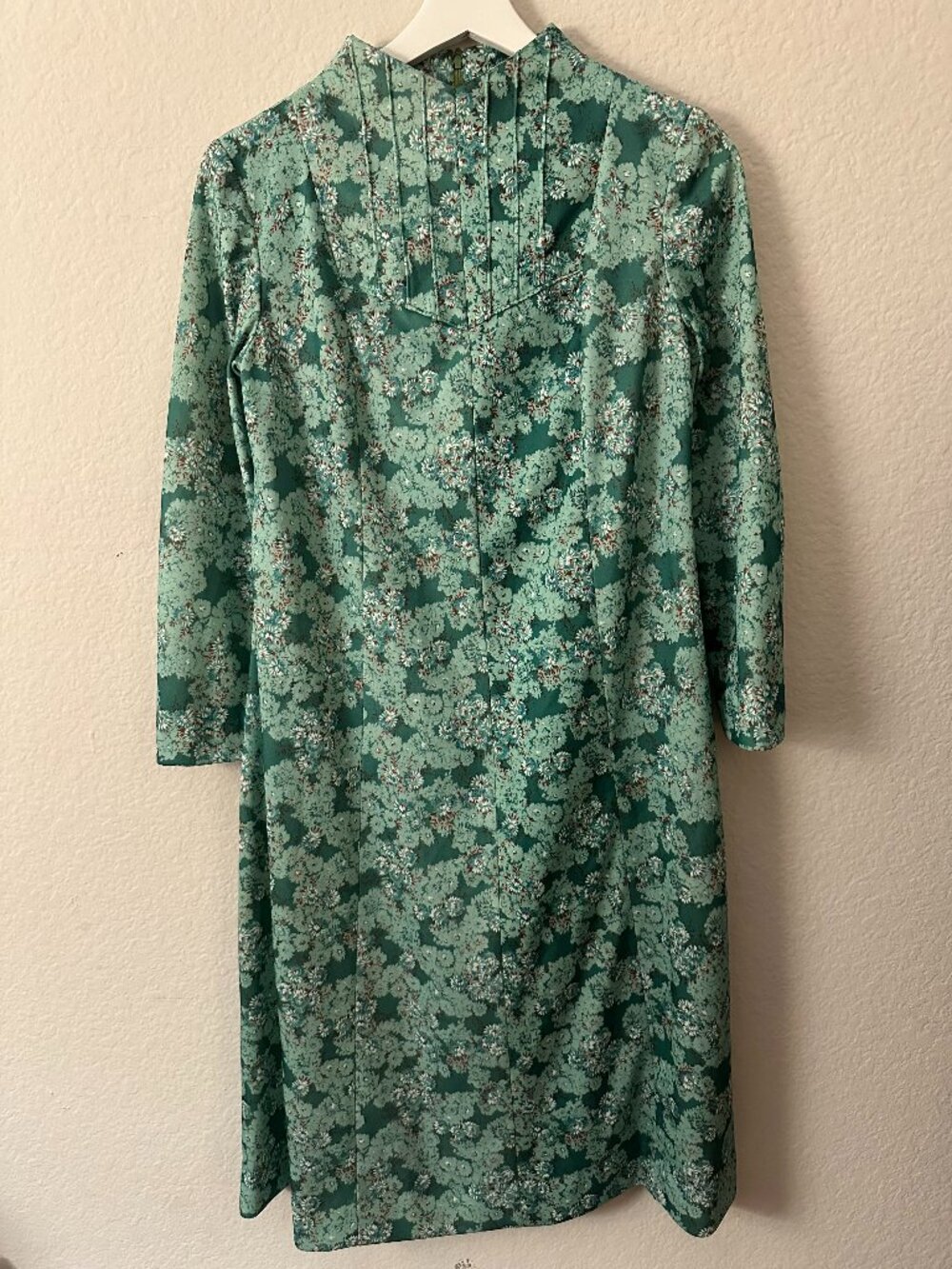 VTG Floral & Leaf Print Green & Brown Mock Neck A-Line Dress Sz 6